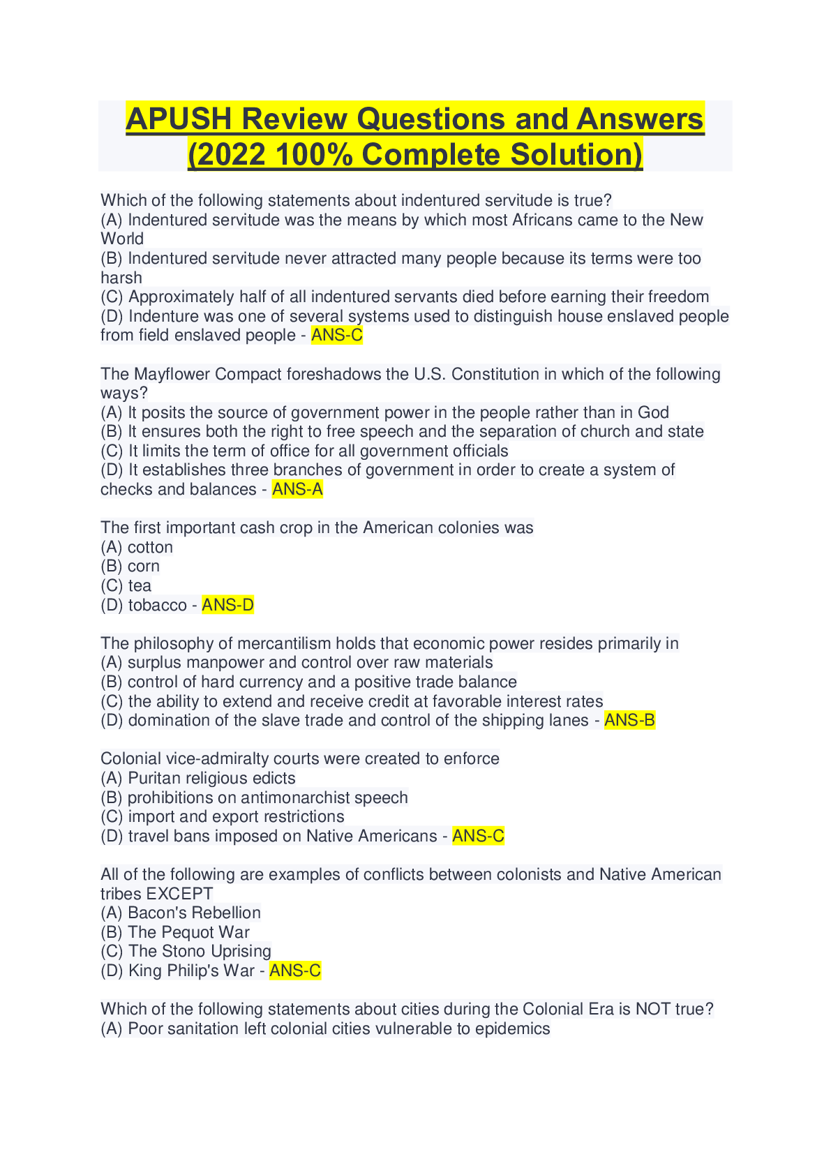 APUSH Review Questions and Answers (2022 100 Complete Solution) Browsegrades